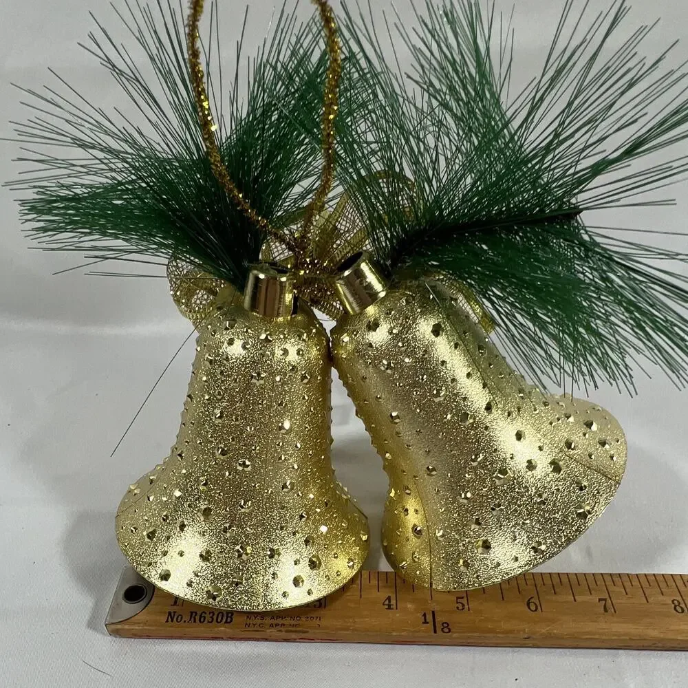 Vintage Gold Double Bumpy Bell Christmas Hanging Bow Pine Needles Greenery